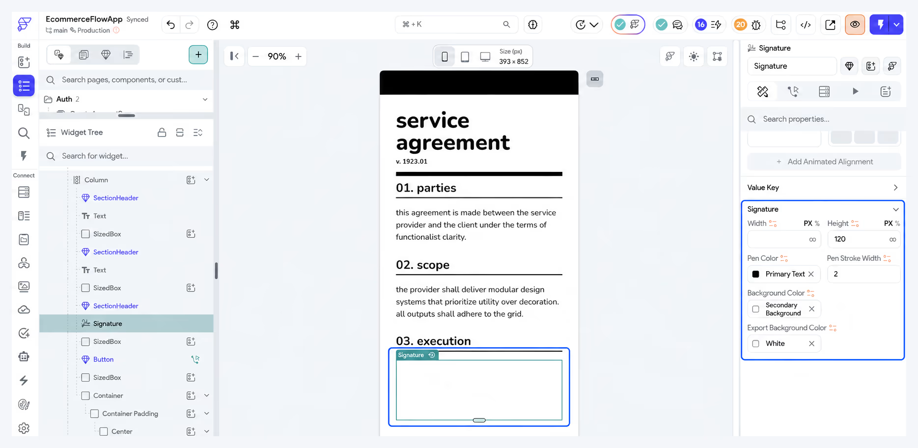Signature widget selected on an agreement page, with its size and appearance settings outlined in blue.