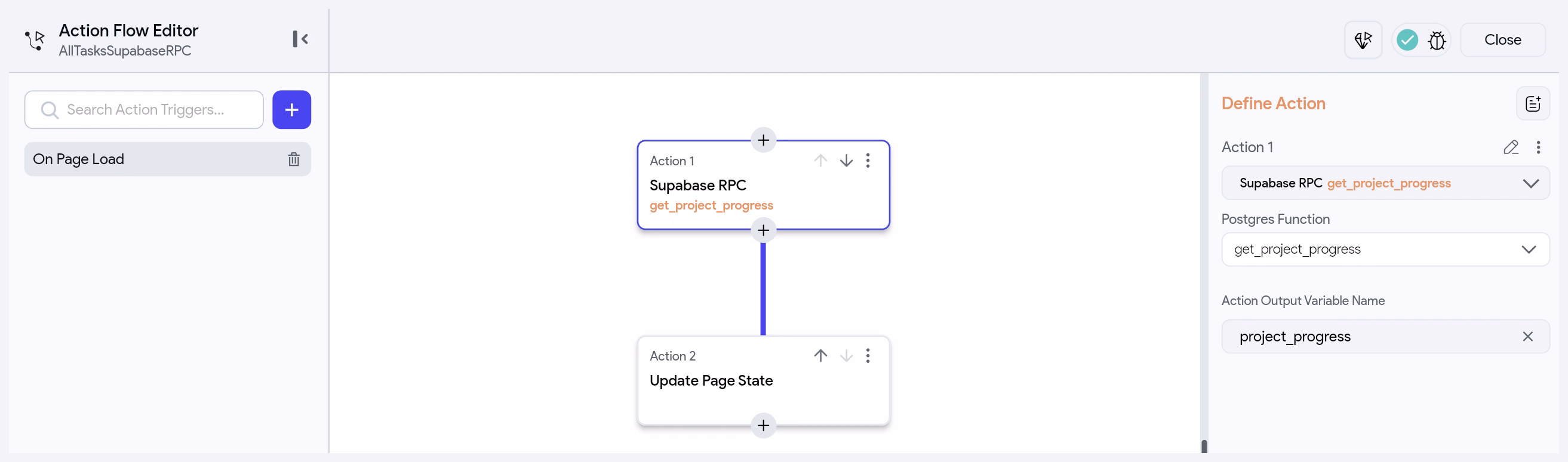 Calling a Supabase database function from the Action Flow Editor.