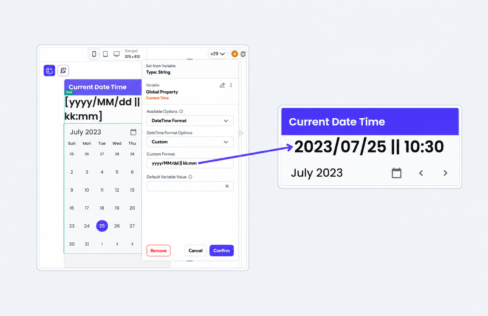 Current Time with the custom format yyyy/MM/dd || kk displays 2023/07/25 || 10:30.