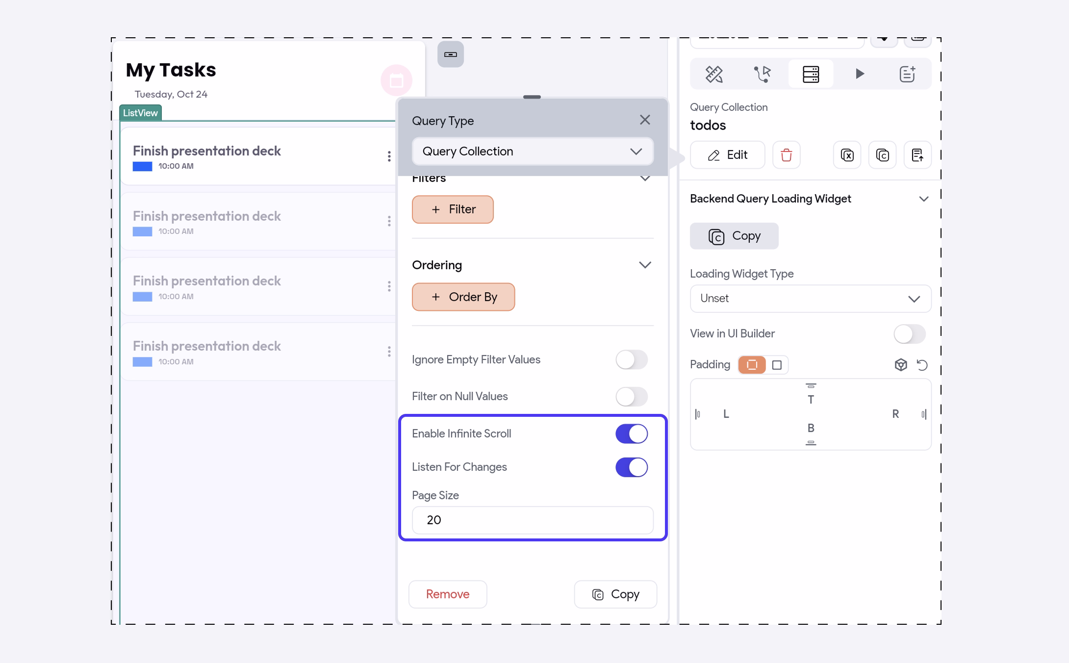 A Firestore collection query with infinite scroll enabled.