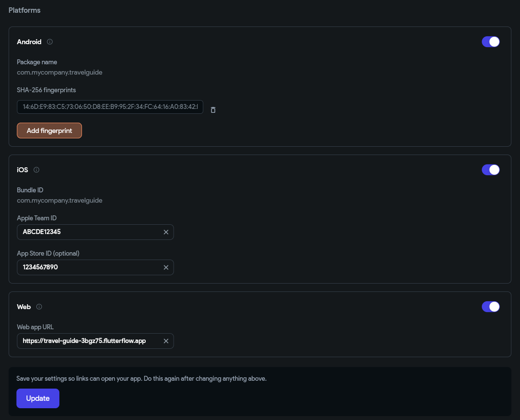 FlutterFlow Dynamic Links setup