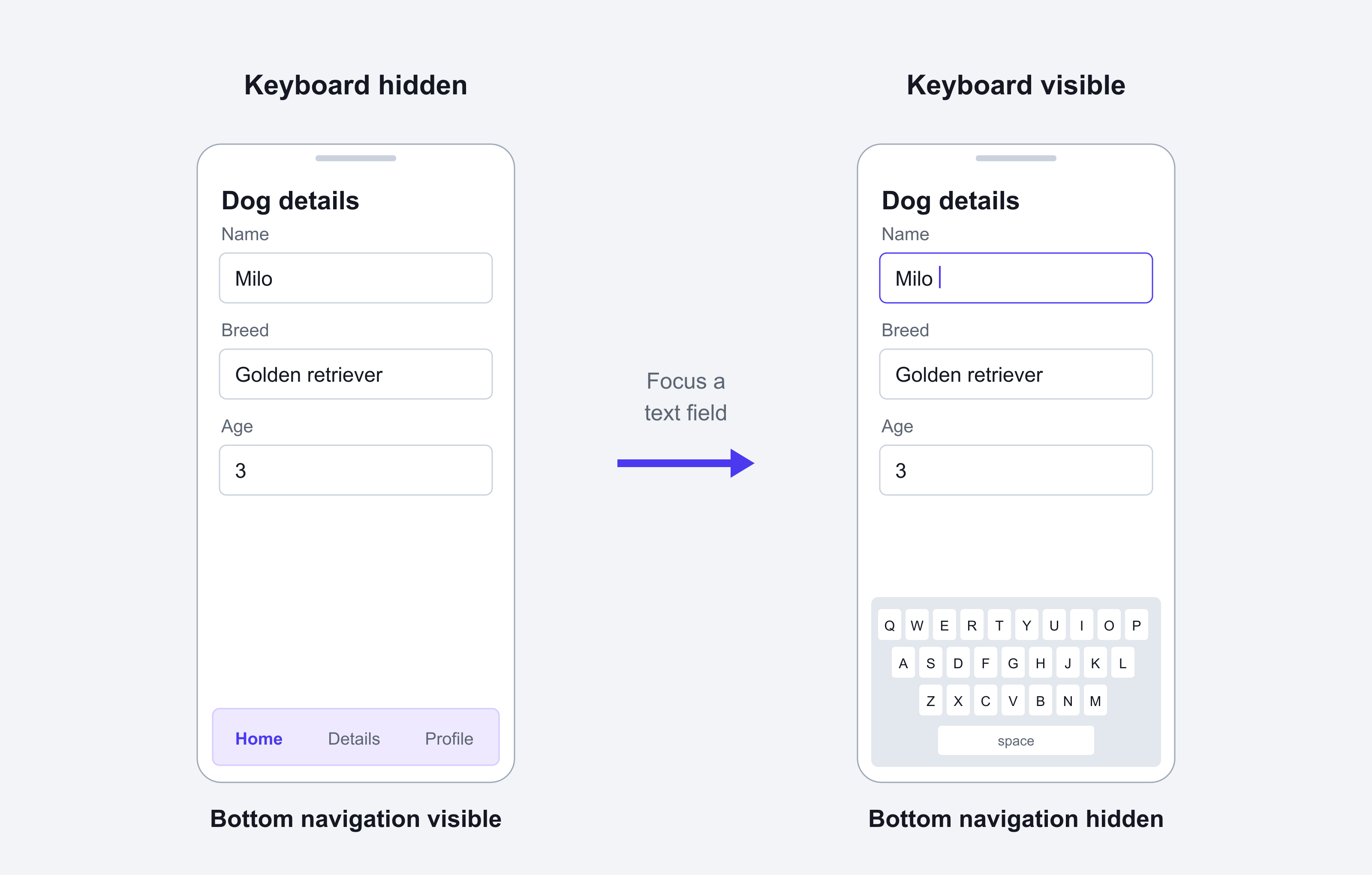 The custom bottom navigation is visible when the keyboard is hidden and hidden when a text field opens the keyboard.