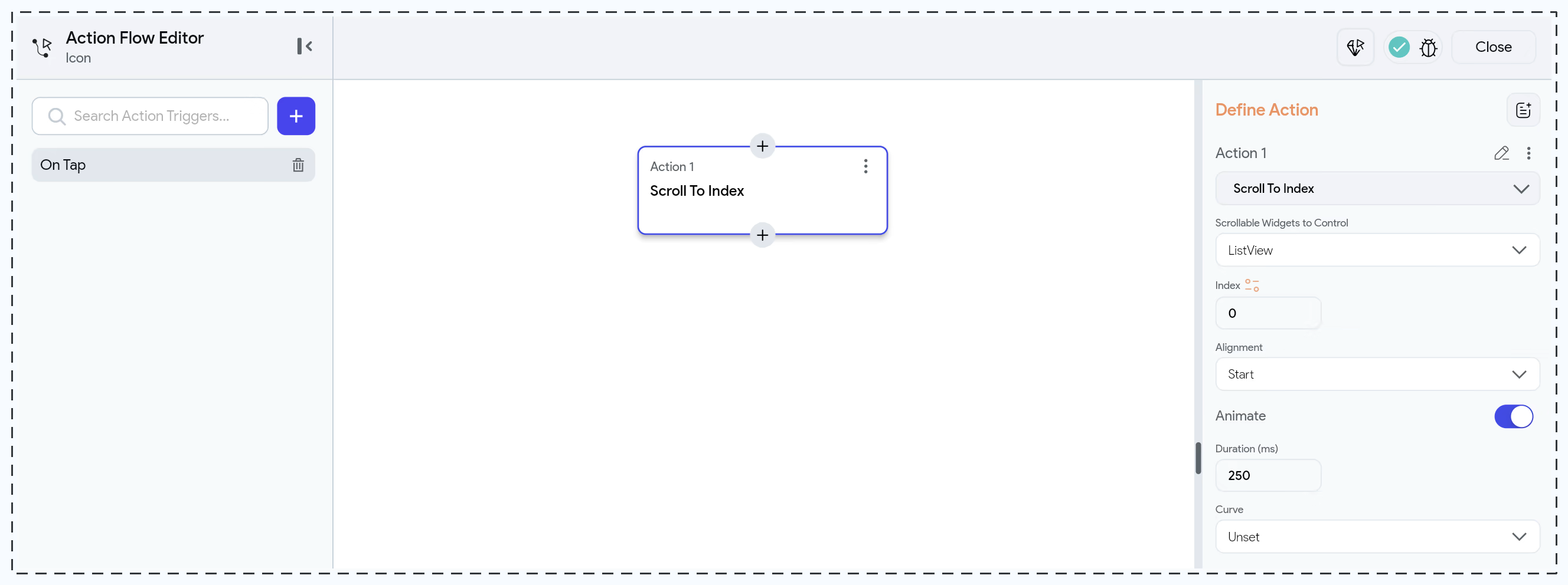 Scroll To Index action configured for a ListView, with Index, Alignment, Animate, Duration, and Curve settings.