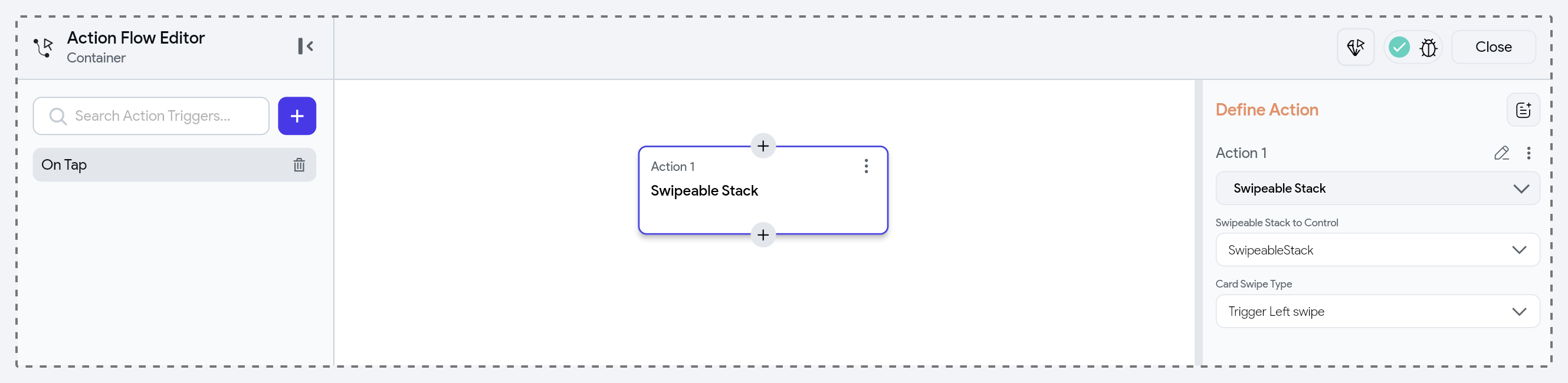 The Action Flow Editor with a Swipeable Stack action configured to trigger a left swipe.
