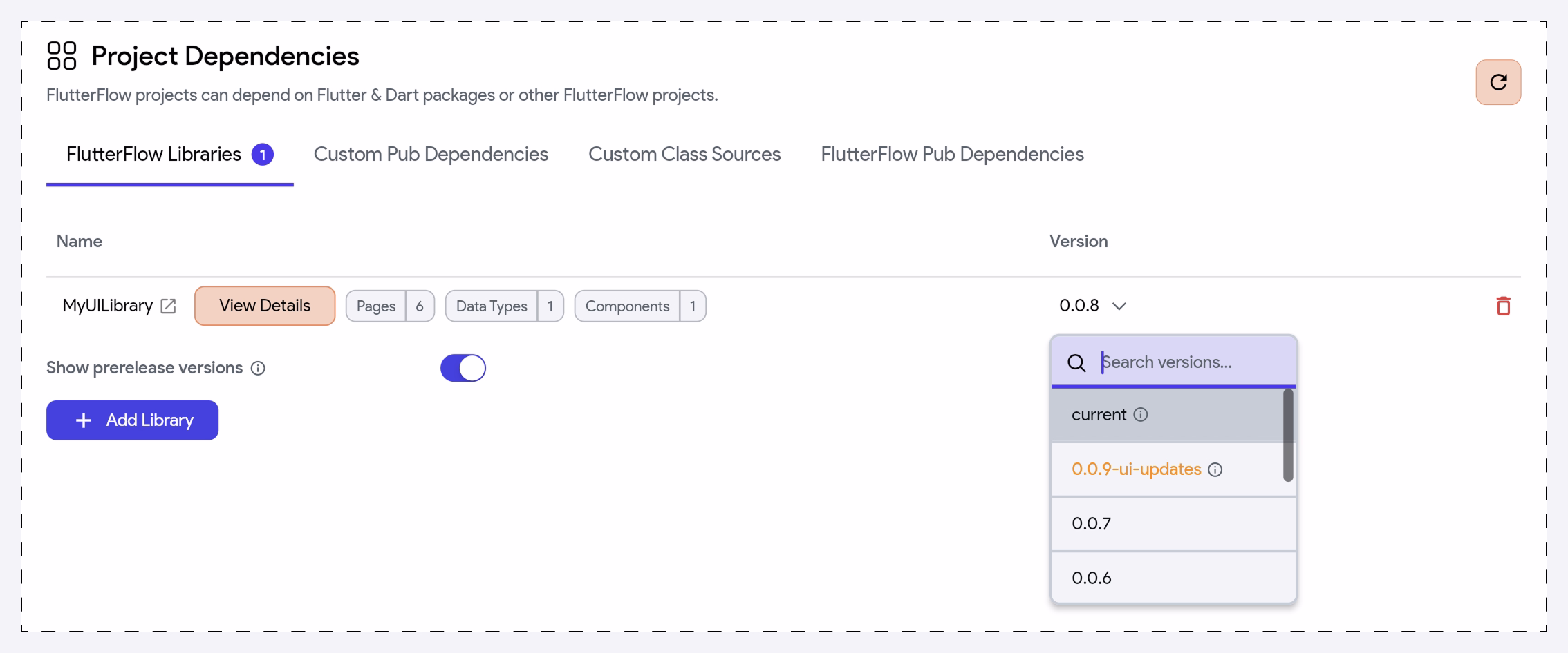 Select a library prerelease version in Project Dependencies