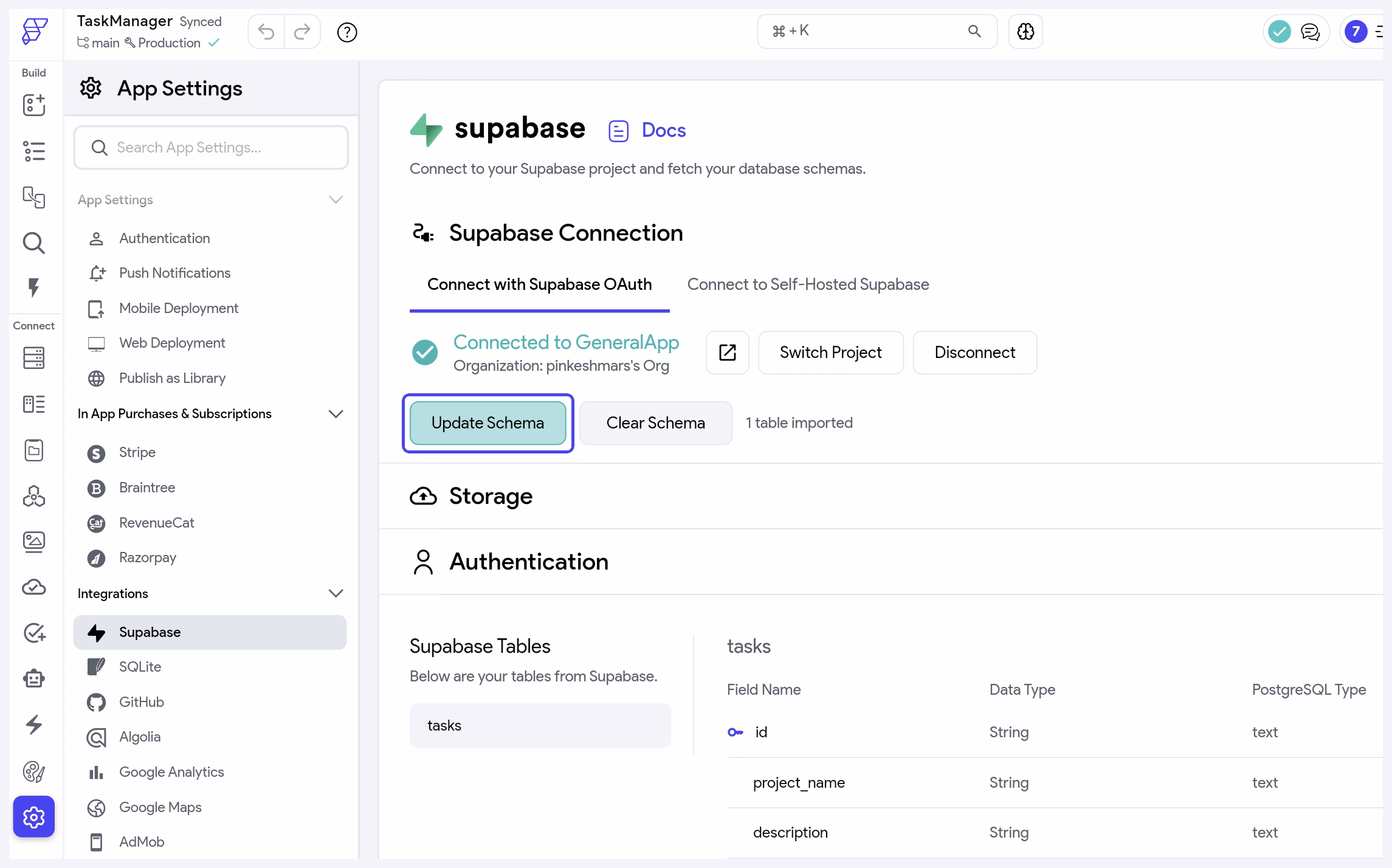 The Update Schema button in FlutterFlow's Supabase settings.