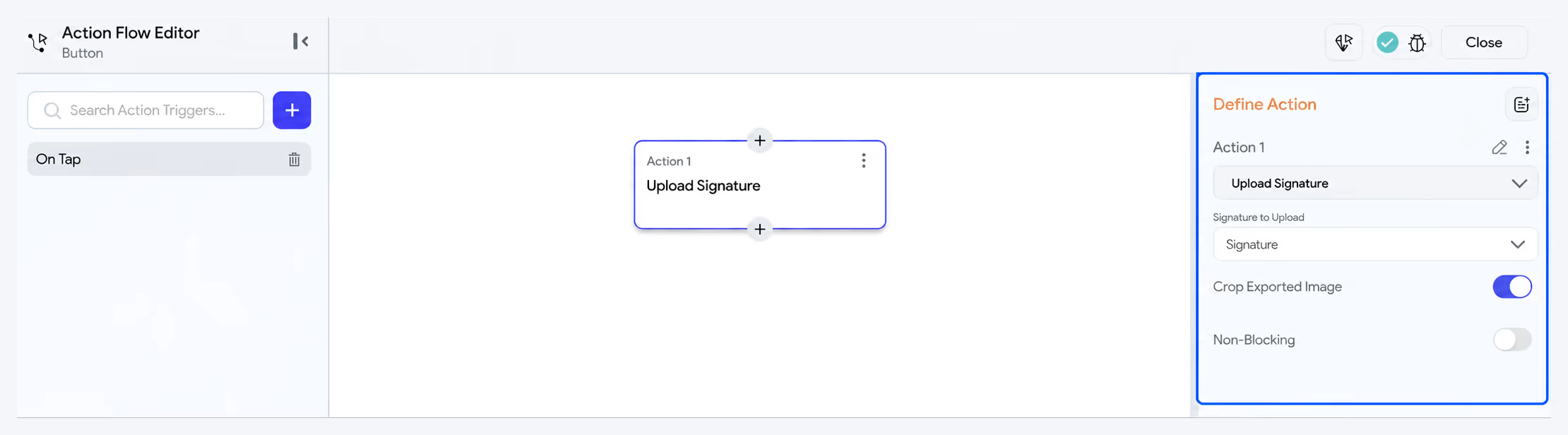 Upload Signature action with the Signature widget selection and Crop Exported Image option outlined in blue.